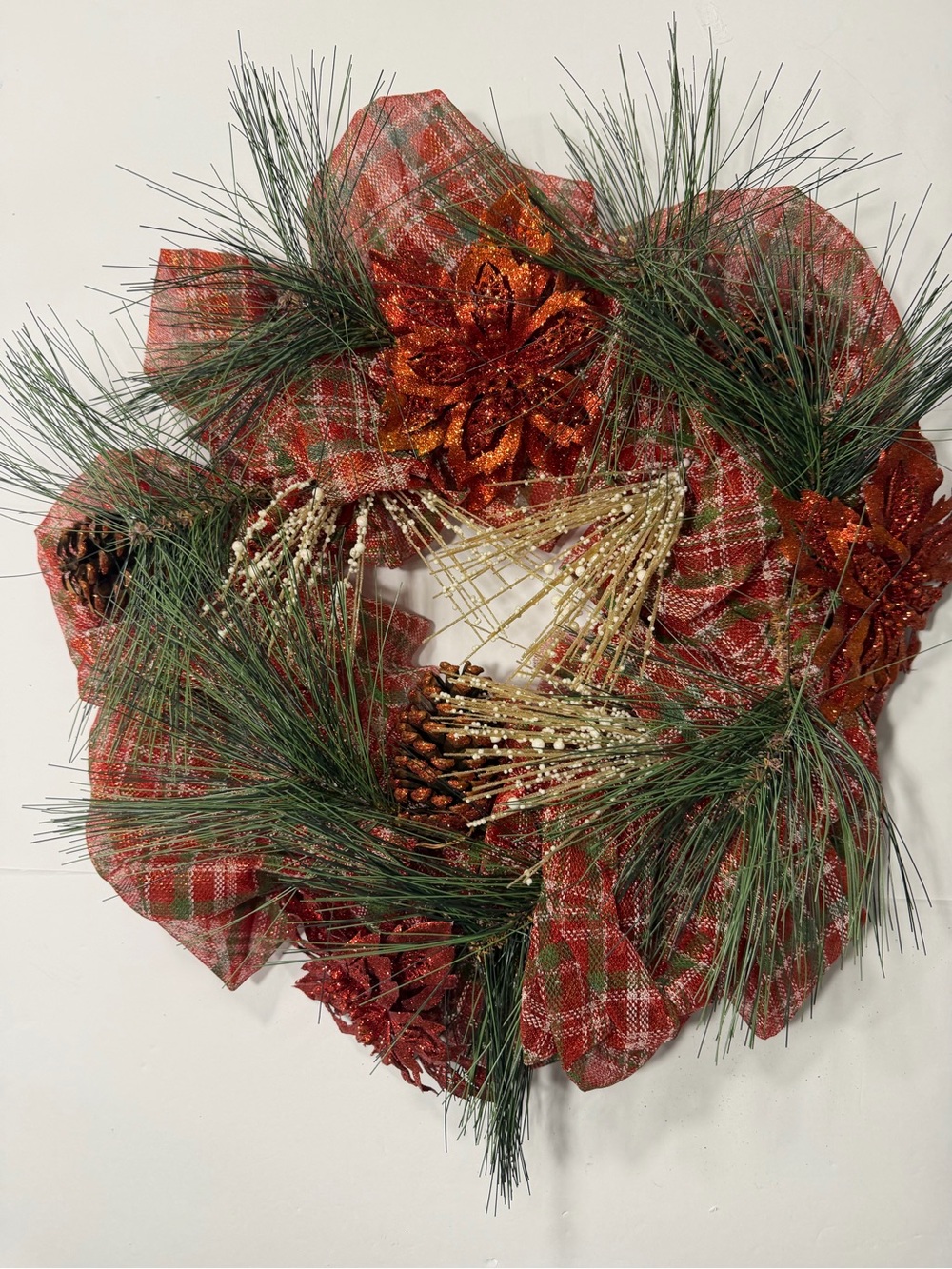 Rustic Red Plaid Holiday Wreath with Green Pine Accents